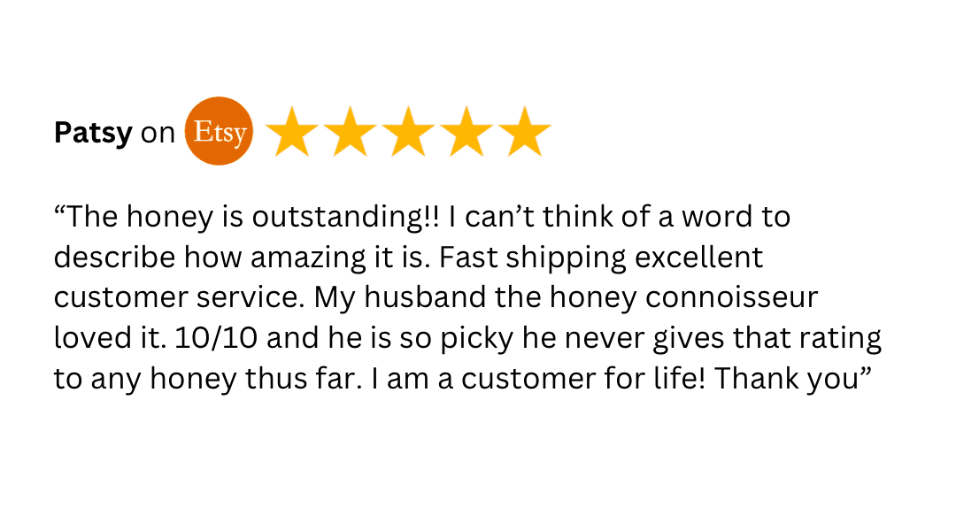 5-star Etsy review praising RAW HONEYCOMB for taste, fast shipping, and excellent service. Customer calls it the best honey ever tried.